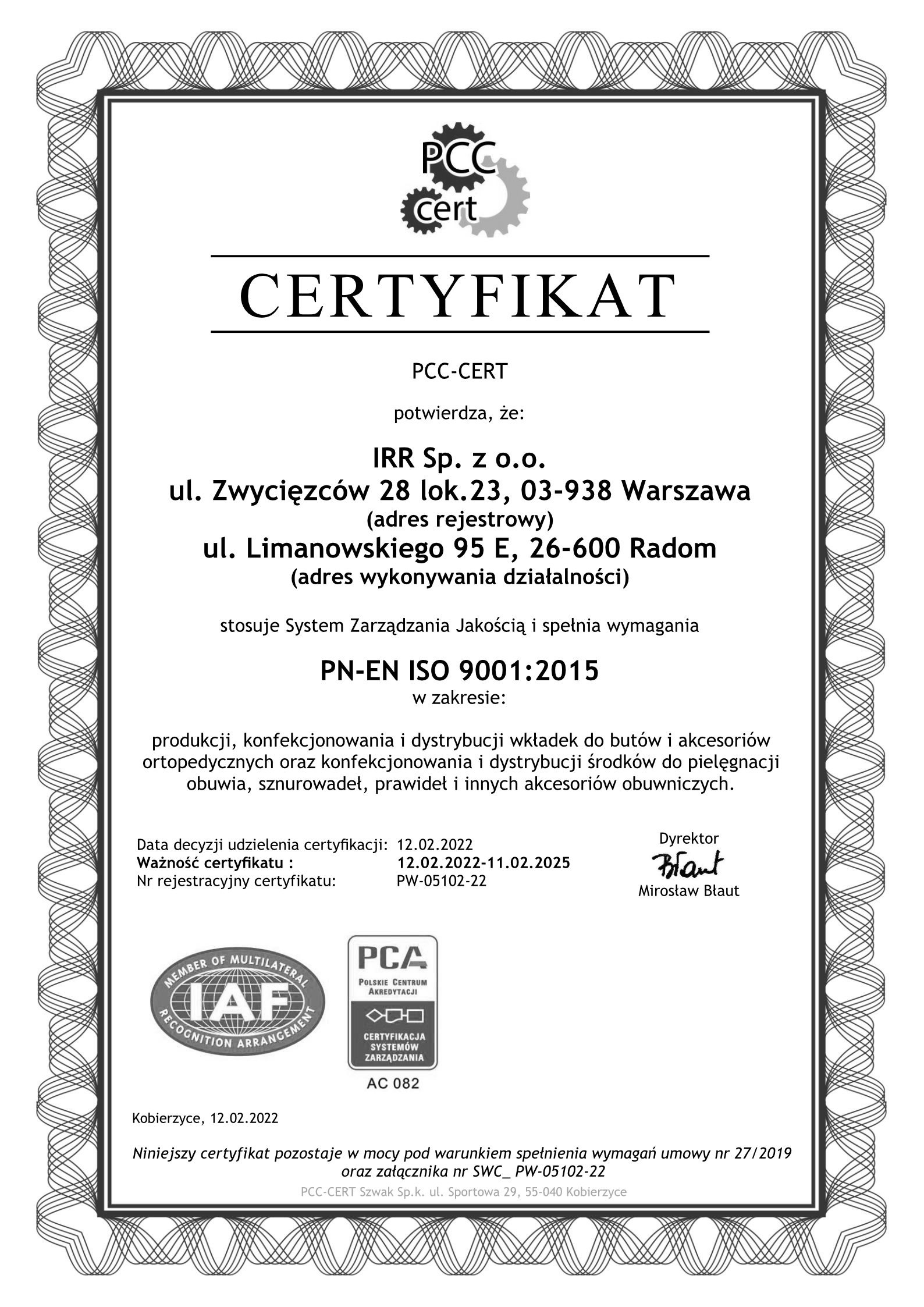 Certyfikat PN-EN ISO 9001:2015 wydany dla firmy IRR